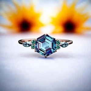 925 Sterlingsilber 6 mm Sechseckschliff Laborgefertigt Alexandrit Frauen Geschenk Ring - Bild 1 von 8