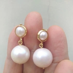 Delicados aretes de perlas colgantes/gotas blancas del Mar del Sur AAA+ de oro de 14 k P - Imagen 1 de 7