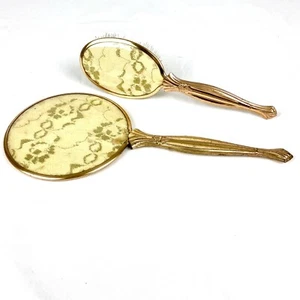 Vintage Vanity Mirror & Hairbrush Gold Tone Metal Floral Lace Art Nouveau Set - Picture 1 of 6