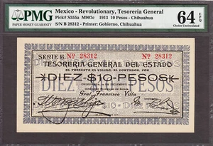 Mexico - Revolutionary 10 Pesos Chihuahua 1913 Pick-S555a CH UNC PMG 64 EPQ - Picture 1 of 2