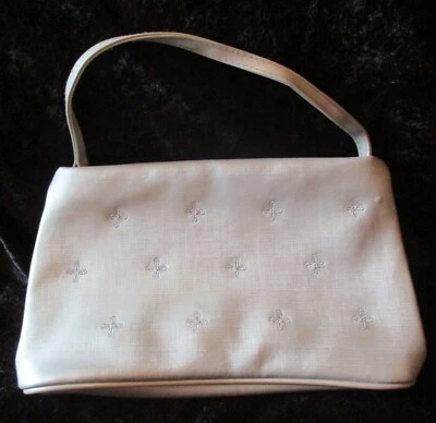 Vintage Unbranded Silver Colored Top Handle Handbag w/Metallic Silver Embroidery - Image 1 of 3
