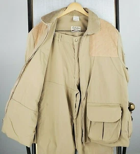 VTG CABELAS Size Large Mens Khaki Poplin Hunting Jacket + Pants Set Game Bag  - Picture 1 of 12