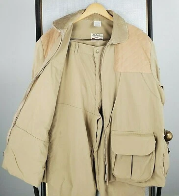 VTG CABELAS Size Large Mens Khaki Poplin Hunting Jacket + Pants Set Game Bag  - Image 1 of 4