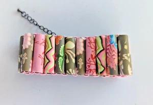 NEW JILZARA Premium Handmade Clay Beads PINK tan green TUBE Stretch Bracelet - Picture 1 of 4