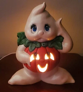 1993 Keramik Geist Kürbis Halloween Summerween Lampe funkelnder Glitzer funktioniert Vintage - Bild 1 von 24