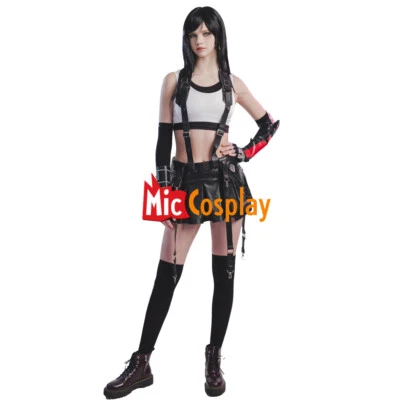 Women Tifa Cosplay Costume Activewear Crop Top and Skirt with Gloves Thigh Socks - Image 1 of 4