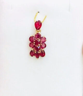 14K Solid Yellow Gold Cluster Flower Pendant With Pear /Round  Ruby 1.80GM - Image 1 of 4