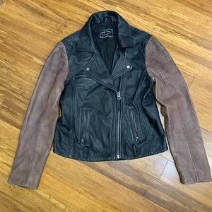 Lucky Brand Core Leather Moto Jacket Women Medium TwoTone Brown Black Biker Coat - Bild 1 von 8