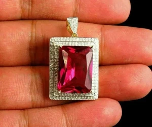 3Ct Emerald Cut Simulated Red Ruby Diamond Womens Pendant 14K Yellow Gold Plated - Picture 1 of 5