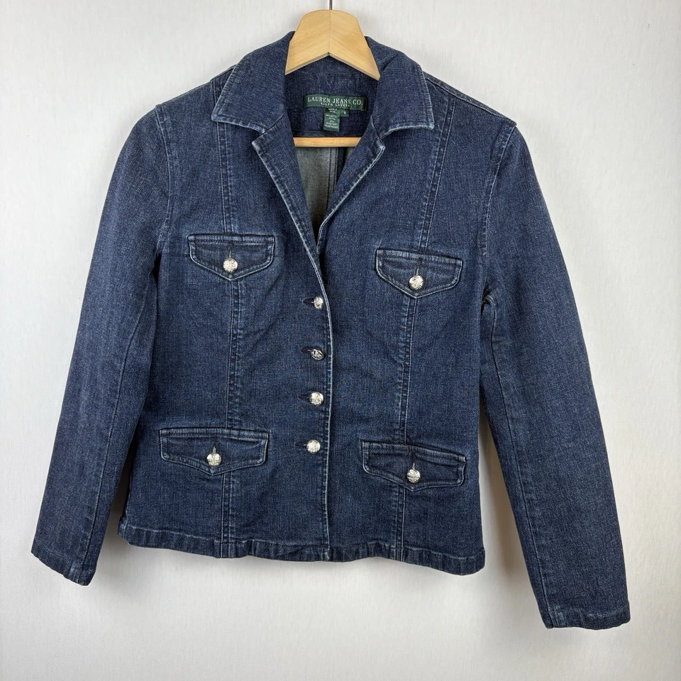 Lauren Jeans Co Ralph Lauren Denim Blazer Womens S Stretch Silver Buttons Preppy - Image 1 of 4