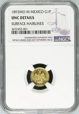 1893MO M MEXICO G1P┃GOLD 1 PESO NGC UNC DETAILS - Image 1 of 2