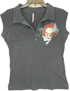 Vintage Y2K Morbid Threads Short Sleeve Polo Top Shirt Black Skull Roses XL USA - Picture 1 of 6