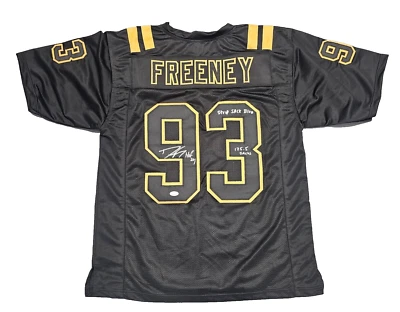 Camiseta Dwight Freeney autografada azul estilo profissional com HOF - Prova *Preta - Imagem 1 de 4