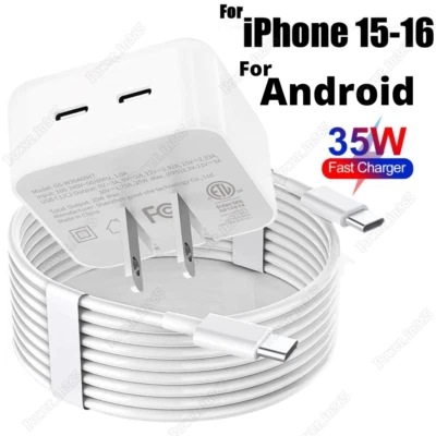 适用于 iPhone 15 16 USB-C Type-C 快速充电器电缆 双 USB-C PD 35W 适配器块 — 第 1/4 张图片