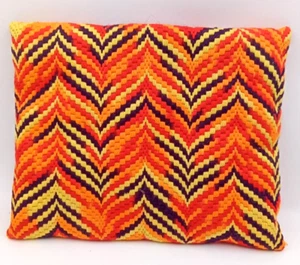 Zig Zag Needlepoint Stuff Pillow Fabric Orange Felt Black Yellow Rectangular - Picture 1 of 5