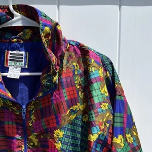 Vintage Retro EVR Full Zip Windbreaker Jacket LARGE Plaid Patchwork w Scrolling - Picture 1 of 16