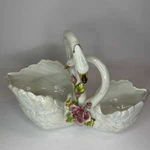 Capodimonte Double Swan & Roses Gold Accents Planter Decor Dish Italy Pearl - Picture 1 of 13