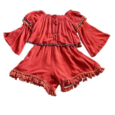 Selfie Leslie Red Romper Off Shoulder Tassels Size Small Boho - Image 1 of 4