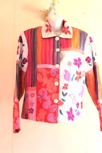 Norm Thompson Womens M Jacket Pink Orange AppliqueShacket Button Up Art 2 Wear - Picture 1 of 9