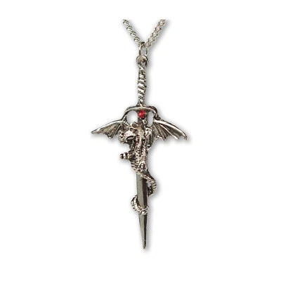 Dragón gótico envuelto alrededor de espada con collar colgante de cristal rojo NK-285 Foto 1 de 4