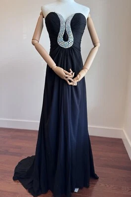 Sz 6 Black AB Rhinestone Crystal Formal Gown Train Ruched Sweetheart Strapless - Image 1 of 4