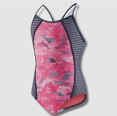 Speedo Girls Size 16 Diamond Geo Slice One Piece Swimsuit Coral New Summer Comfy - Image 1 of 4