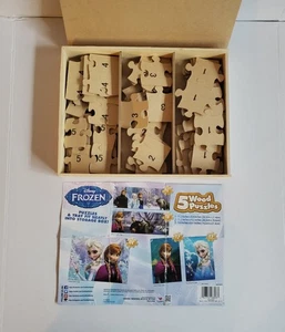 Disney Frozen 5 Wood Puzzles in Storage Box w Tray Elsa Ana Kristoff Olaf - Picture 1 of 13
