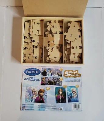 Disney Frozen 5 Wood Puzzles in Storage Box w Tray Elsa Ana Kristoff Olaf - Image 1 of 4