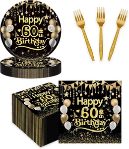 75-teiliges Partygeschirr-Set 60. Geburtstag, schwarz gold Erwachsene Happy Birthday 25 x 7 Zoll - Bild 1 von 12
