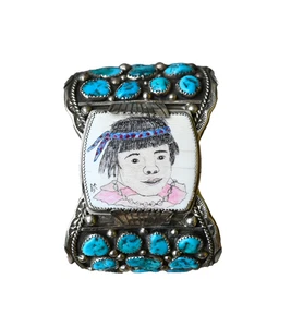 BIG Men's NAVAJO Art Cuff Hallmarked 78grms 7 3/8" wearable Sterling & Turquoise - Picture 1 of 10