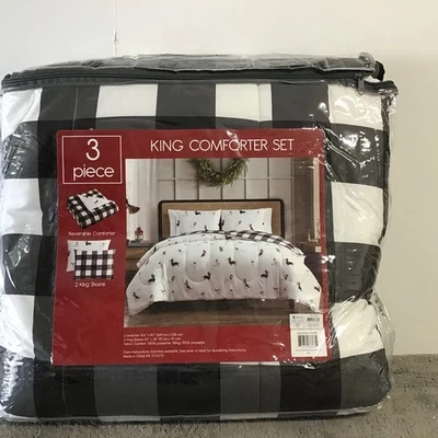 New Christmas Black &White Buffalo Plaid/ Dogs Reversible King Comforter Set - Image 1 of 4