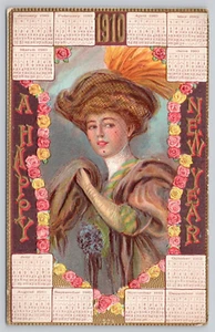Feliz Año Nuevo Postal 1910 Calendario Dama Con Sombrero Repujado - Imagen 1 de 2