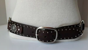 BAD Vintage 1990's Brown Leather Silver Studs Rings Ornate Discs Boho Belt L - Picture 1 of 11