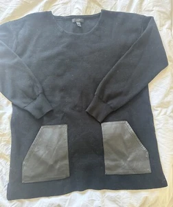 J.Crew Women’s Sweater Size Large Black Merino Wool Leather Pockets Pullover - Picture 1 of 3