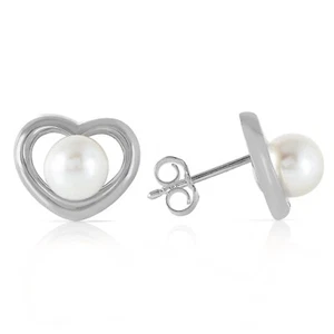 18K. SOLID GOLD HEARTSTUD EARRINGS WITH NATURAL PEARLS (White Gold) - Picture 1 of 6