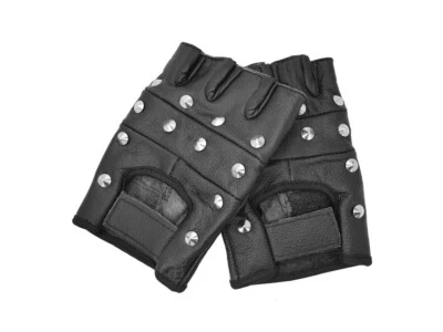 Small Size Conical Stud Black Fingerless Leather Biker Punk Rocker Gothic Gloves - Image 1 of 3