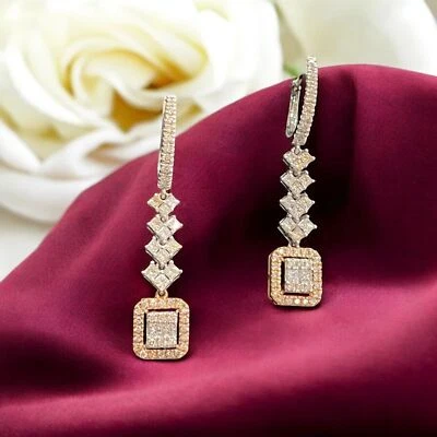1.80 Cts Round Brilliant Cut Natural Diamonds Dangle Earrings 14K Two-Tone Gold - Image 1 of 4