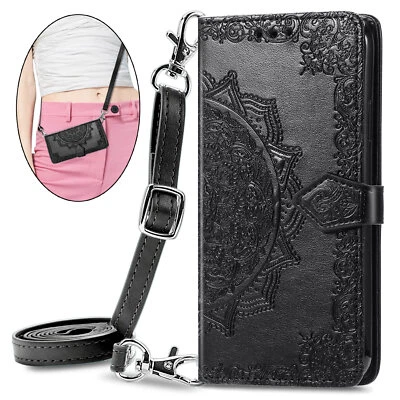 Crossbody Embossed Leather Card Wallet Case Cover Flip Stand For Various Phone - Image 1 of 4
