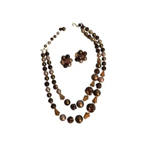 Vintage Brown Beaded Necklace with Faux Pearls Matching Set Clip On Earrings - Picture 1 of 11