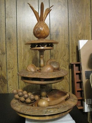 VINTAGE 3 TIER HAND CARVED MONKEY POD PINEAPPLE LAZY SUSAN SERVING TRAY TIKI - Image 1 of 4