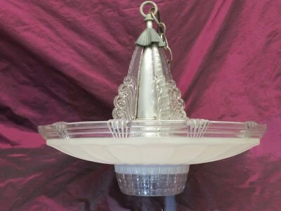 Vintage 1930s Lightolier Art Deco Glass & Aluminum chandelier 17"d - Image 1 of 4