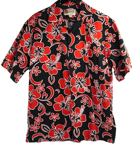 VTG Hilo Hattie Hawaiian Shirt Red Black Floral Aloha Coconut Buttons Size M - Picture 1 of 10
