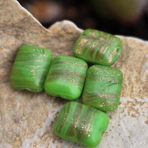 Green & Copper Aventurine Veined Rare Vintage Glass Beads Pillow Shape