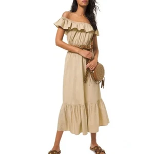 MICHAEL MICHAEL KORS Schulterfreies Midikleid mit Rüschen in Khaki Large NEU!!! - Bild 1 von 12