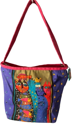 Laurel Burch Tote Bag Purse Womens Abstract Cat Artsy Fish Charm Sequin Front - Image 1 of 4