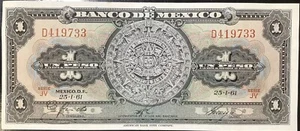 1961 Mexico 1 Peso About Uncirculated Banknote Aztec Calendar - Picture 1 of 2