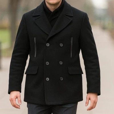 MACKAGE men peacoat wool cashmere button leather trim short 42 winter business - Image 1 of 4