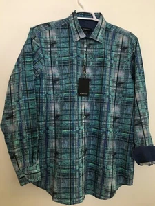 NWT Bugatchi Mens LARGE Classic Fit Dress Shirt Blue flip Cuff 100% cotton - Picture 1 of 4