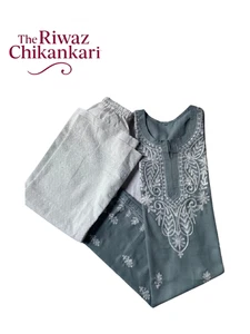 Set Kurti Chikankari Grigio | Kurti Ricamato Lucknowi Fatto a Mano da Donna - Foto 1 di 6