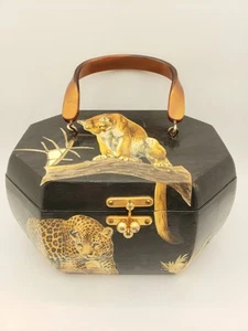 Scatola vintage borsetta decoupage legno e lucite gatti selvatici africani leone nero, tigre - Foto 1 di 10